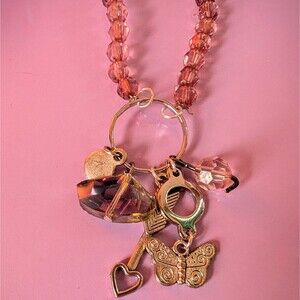 Pink beaded Y2K butterfly charm boho crystal necklace